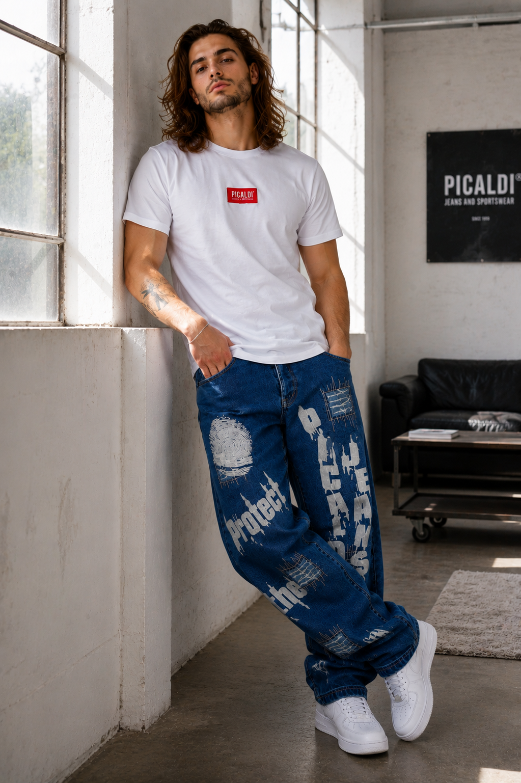 Picaldi Zicco 472 Pathica Herrenjeans - Relaxed-Tapered Fit in Medium Blue Graphic