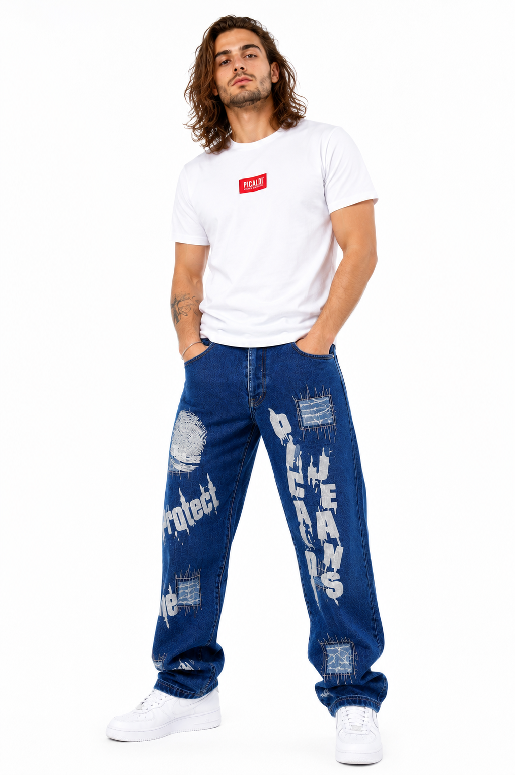 Picaldi Zicco 472 Pathica Herrenjeans - Relaxed-Tapered Fit in Medium Blue Graphic W38-L34